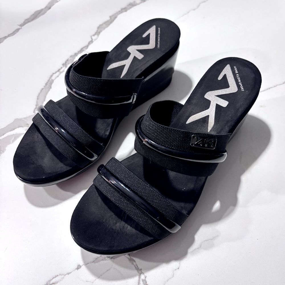 Anne Klein Sport | Women’s Black Slip on Patent Leather Stretch Strap Sandals